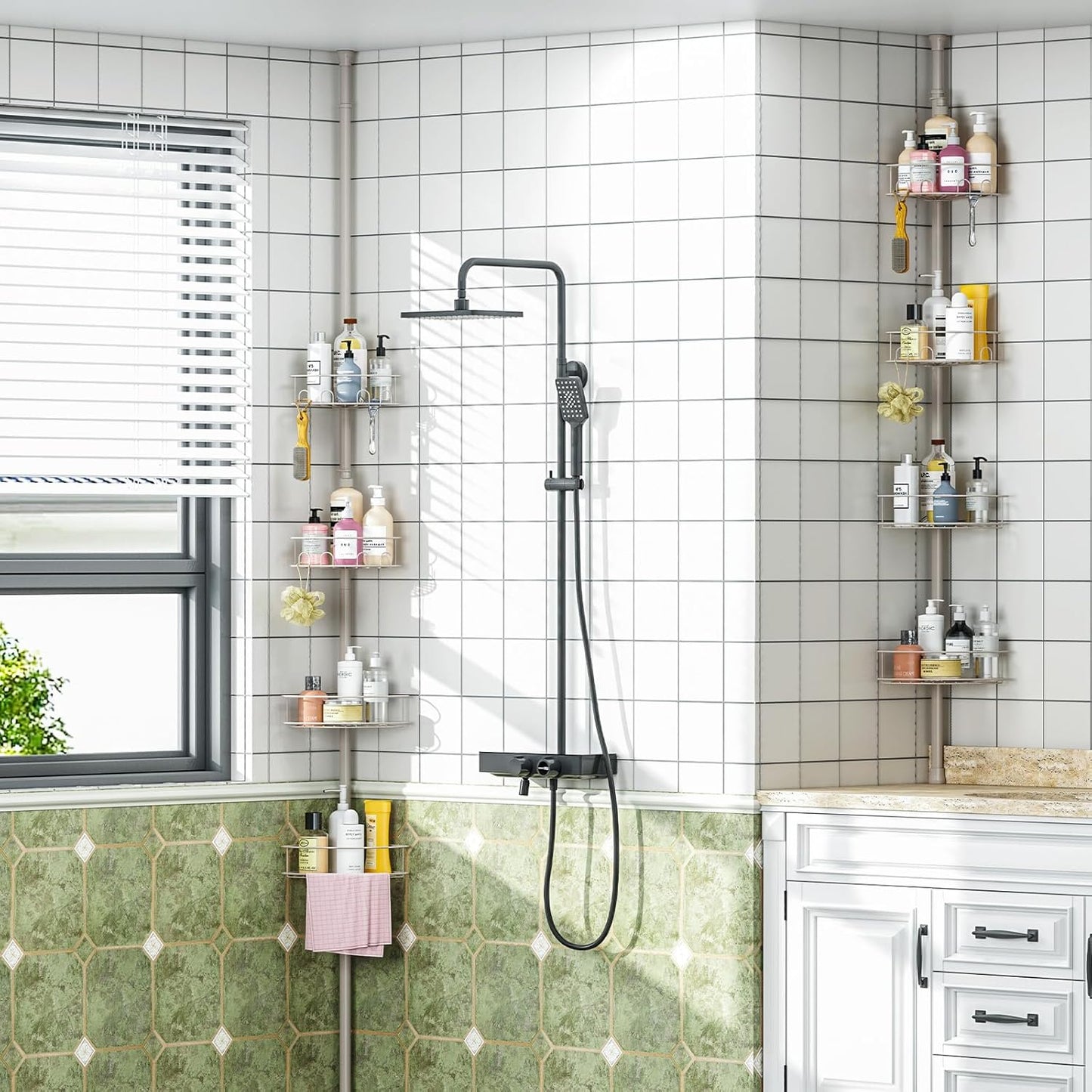 Corner Shower Caddy Tension Pole, 4 Tier Adjustable Bathroom Organizer Shelves, Shower Storage with Hidden Hook & Towel Holder,63.7-119 Inch No-Drill Quick Installation Shower Rack,Sliver
