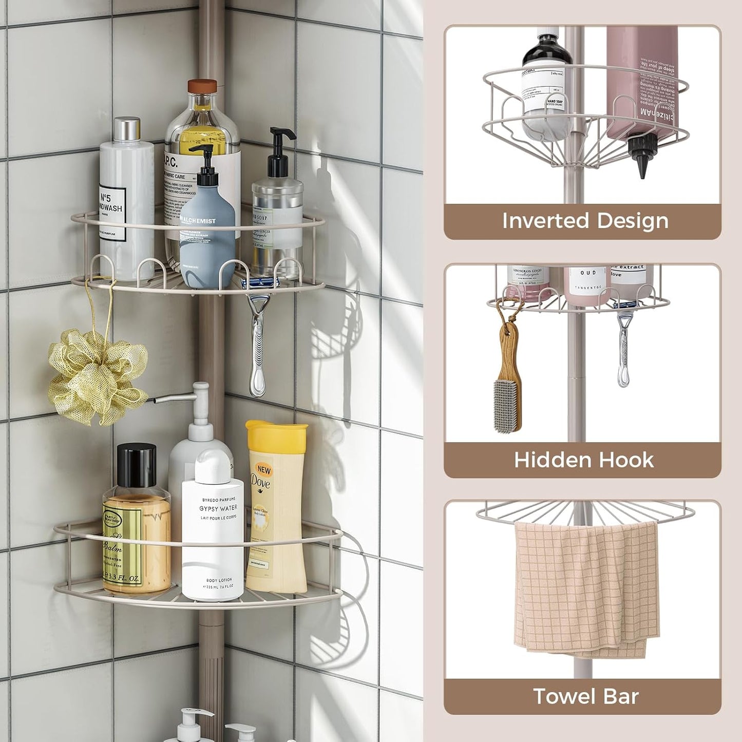 Shower caddy four tiers holding shampoo, conditioner, and soap bottles — At Home For You