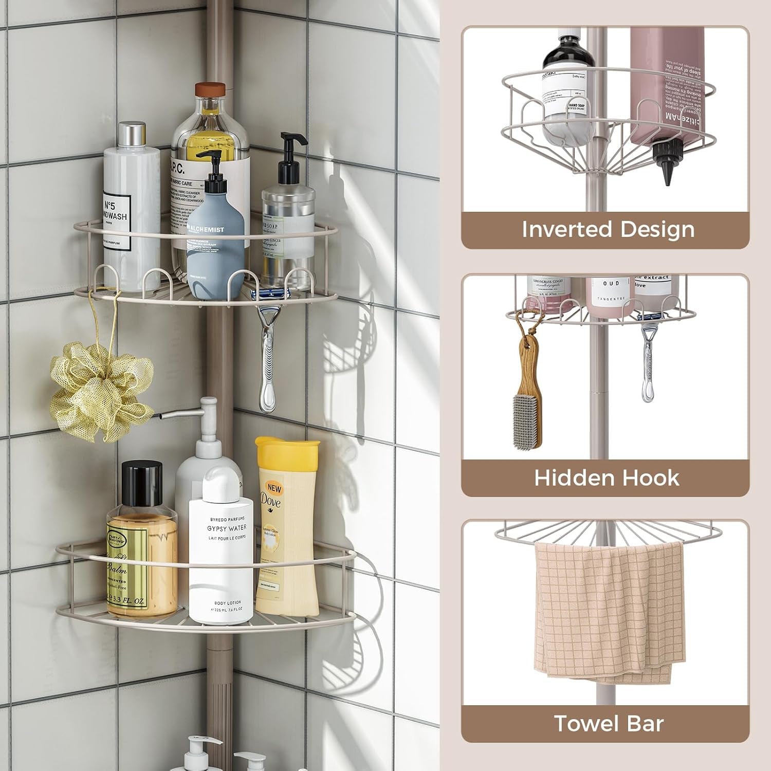 Shower caddy four tiers holding shampoo, conditioner, and soap bottles — At Home For You