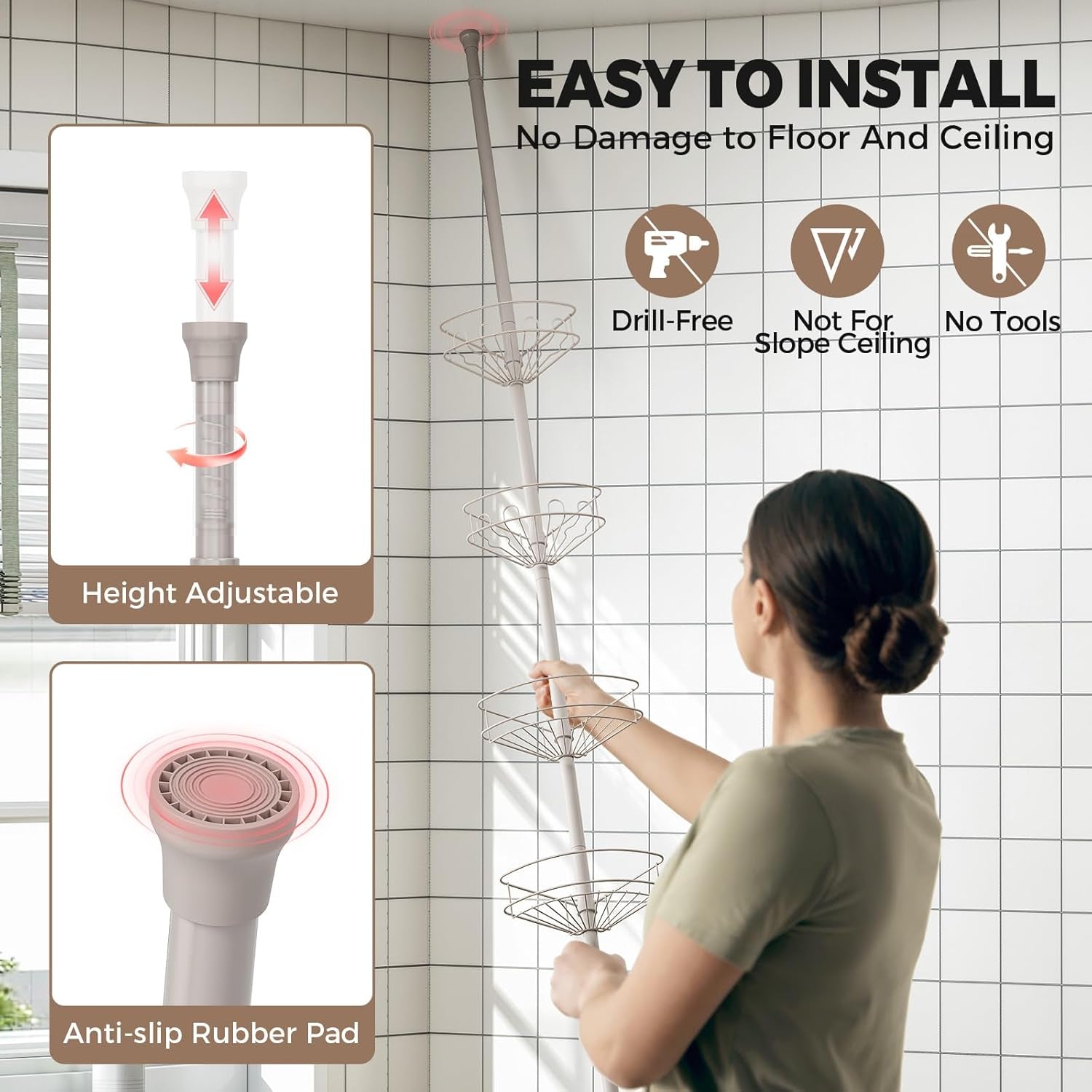 Shower caddy adjustable height fitting standard to tall ceilings — At Home For You