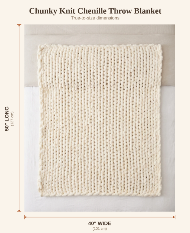 Ultra-Soft Chunky Knit Chenille Throw Blanket – Cozy Throw for Couch, Bed & Chair, Ivory 40"x50"
