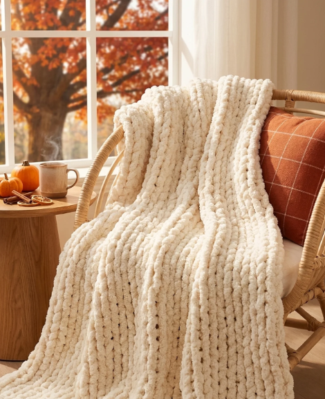 Ultra-Soft Chunky Knit Chenille Throw Blanket – Cozy Throw for Couch, Bed & Chair, Ivory 40"x50"