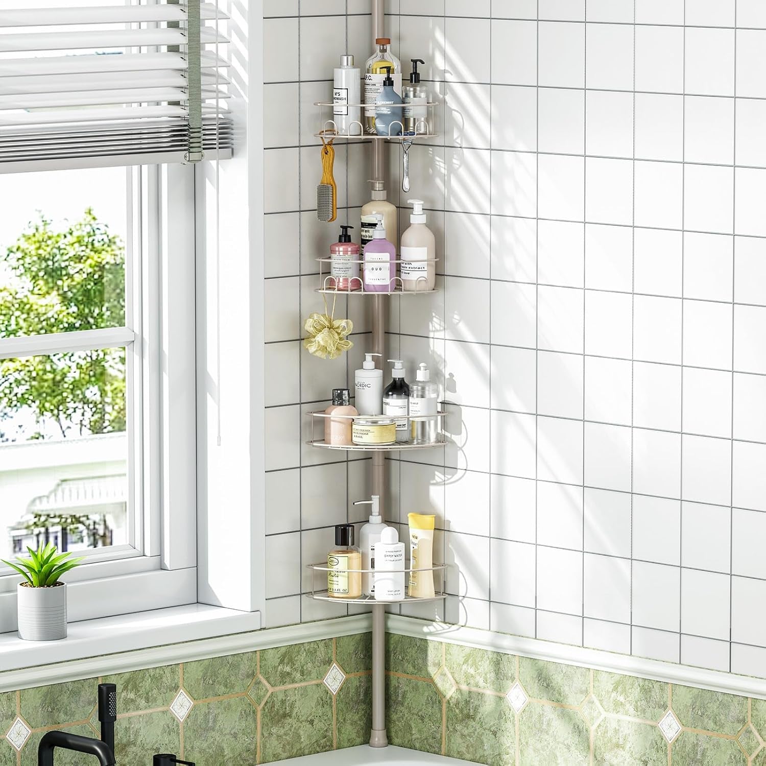 Shower caddy tension pole installed without drilling into tile — At Home For You