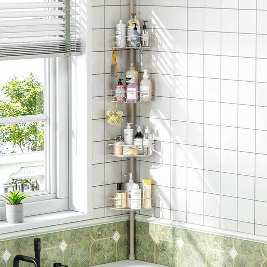Shower caddy tension pole installed without drilling into tile — At Home For You