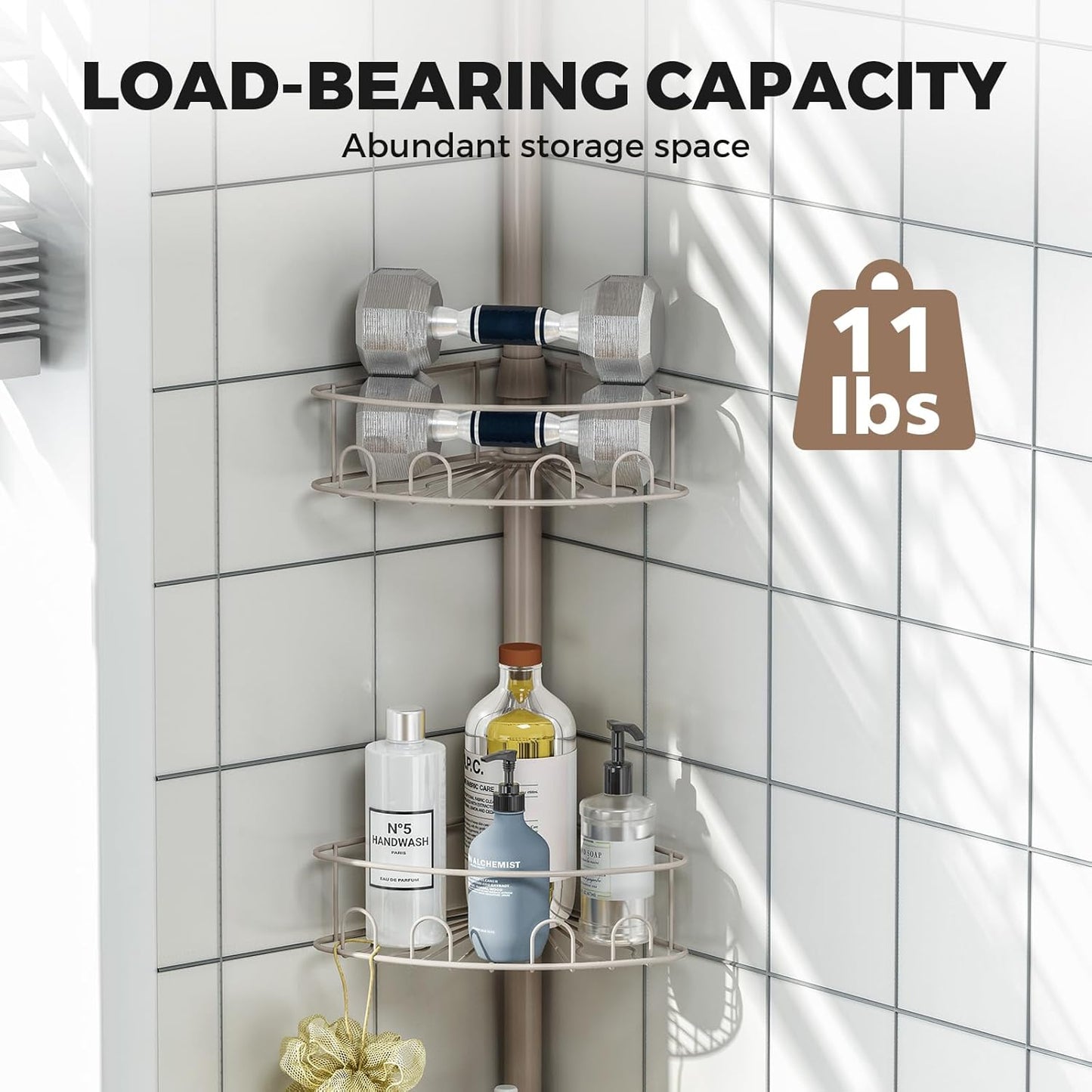 Corner Shower Caddy Tension Pole, 4 Tier Adjustable Bathroom Organizer Shelves, Shower Storage with Hidden Hook & Towel Holder,63.7-119 Inch No-Drill Quick Installation Shower Rack,Sliver