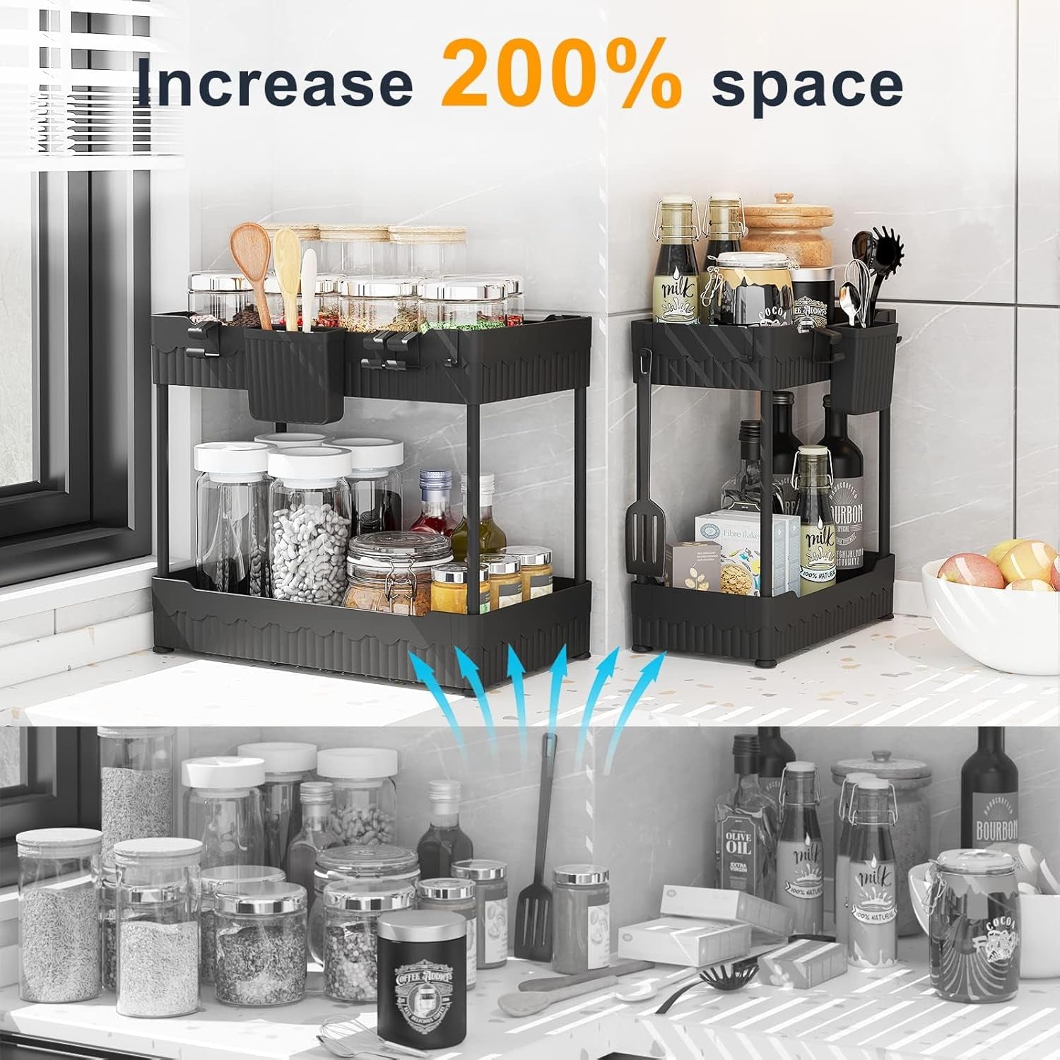 Under-sink organizer installed under cabinet with cleaning bottles organized — At Home For You