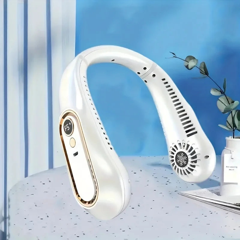 Portable neck fan digital display showing battery level — At Home For You