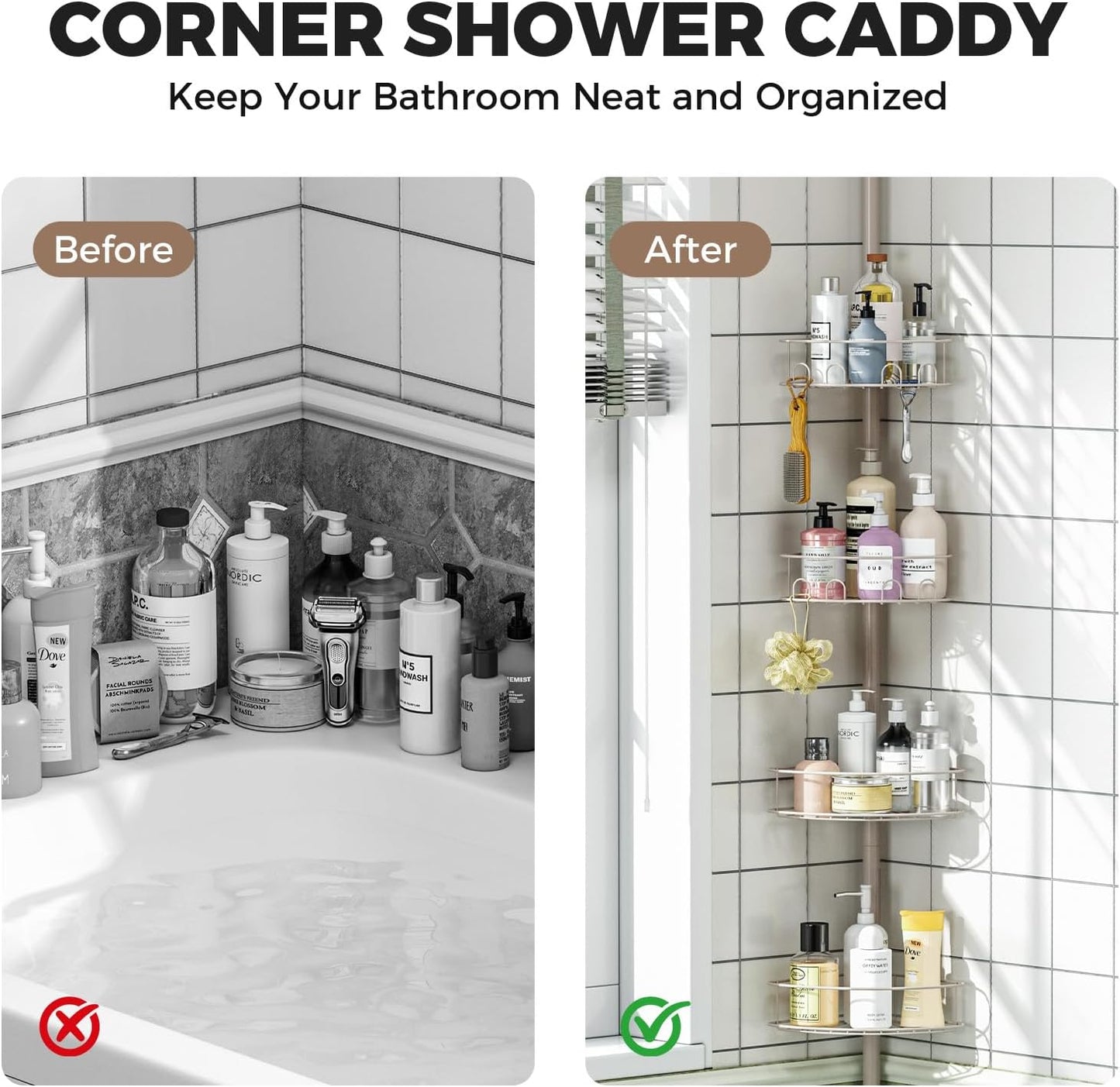 Corner Shower Caddy Tension Pole, 4 Tier Adjustable Bathroom Organizer Shelves, Shower Storage with Hidden Hook & Towel Holder,63.7-119 Inch No-Drill Quick Installation Shower Rack,Sliver