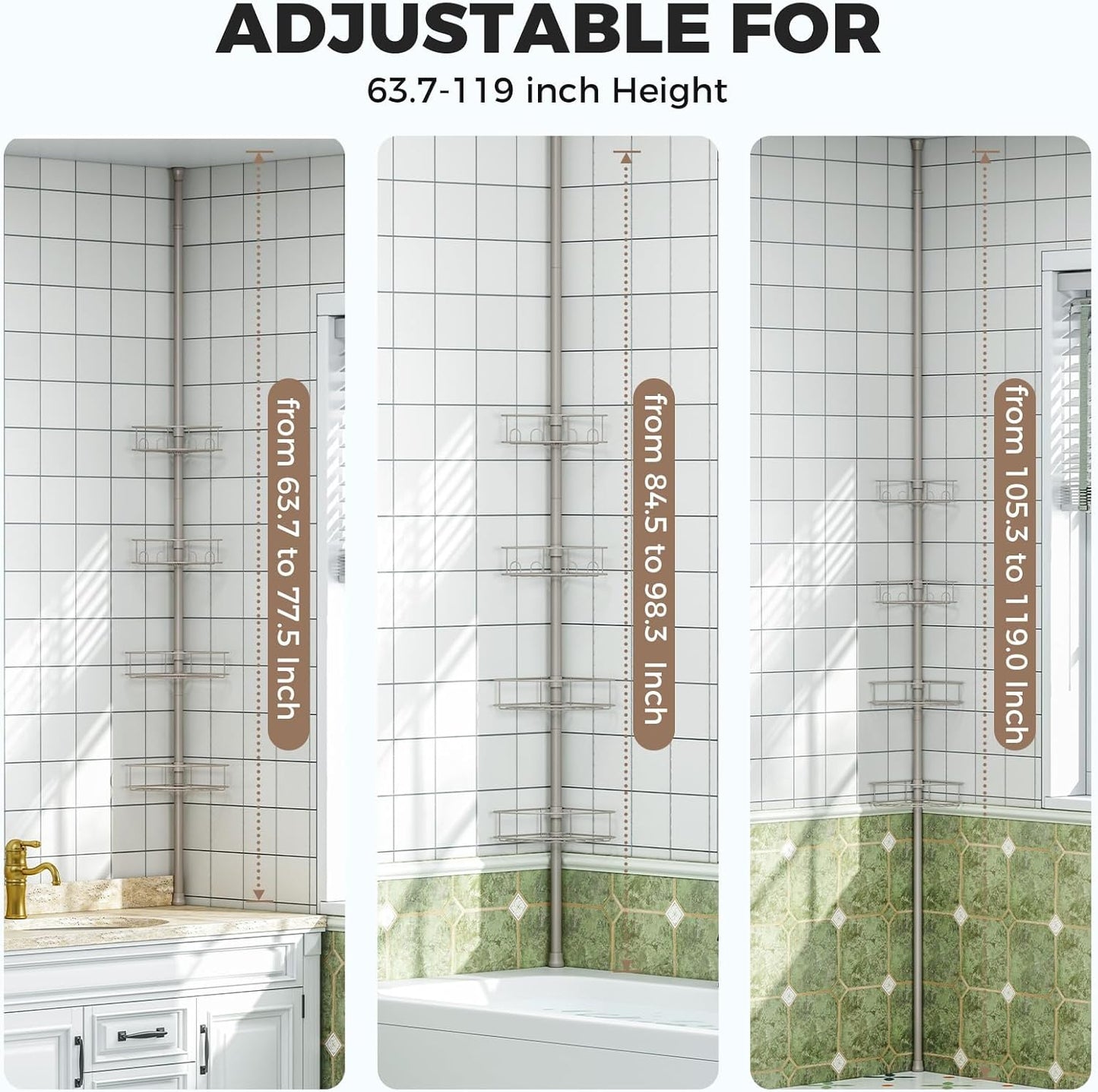 Corner Shower Caddy Tension Pole, 4 Tier Adjustable Bathroom Organizer Shelves, Shower Storage with Hidden Hook & Towel Holder,63.7-119 Inch No-Drill Quick Installation Shower Rack,Sliver