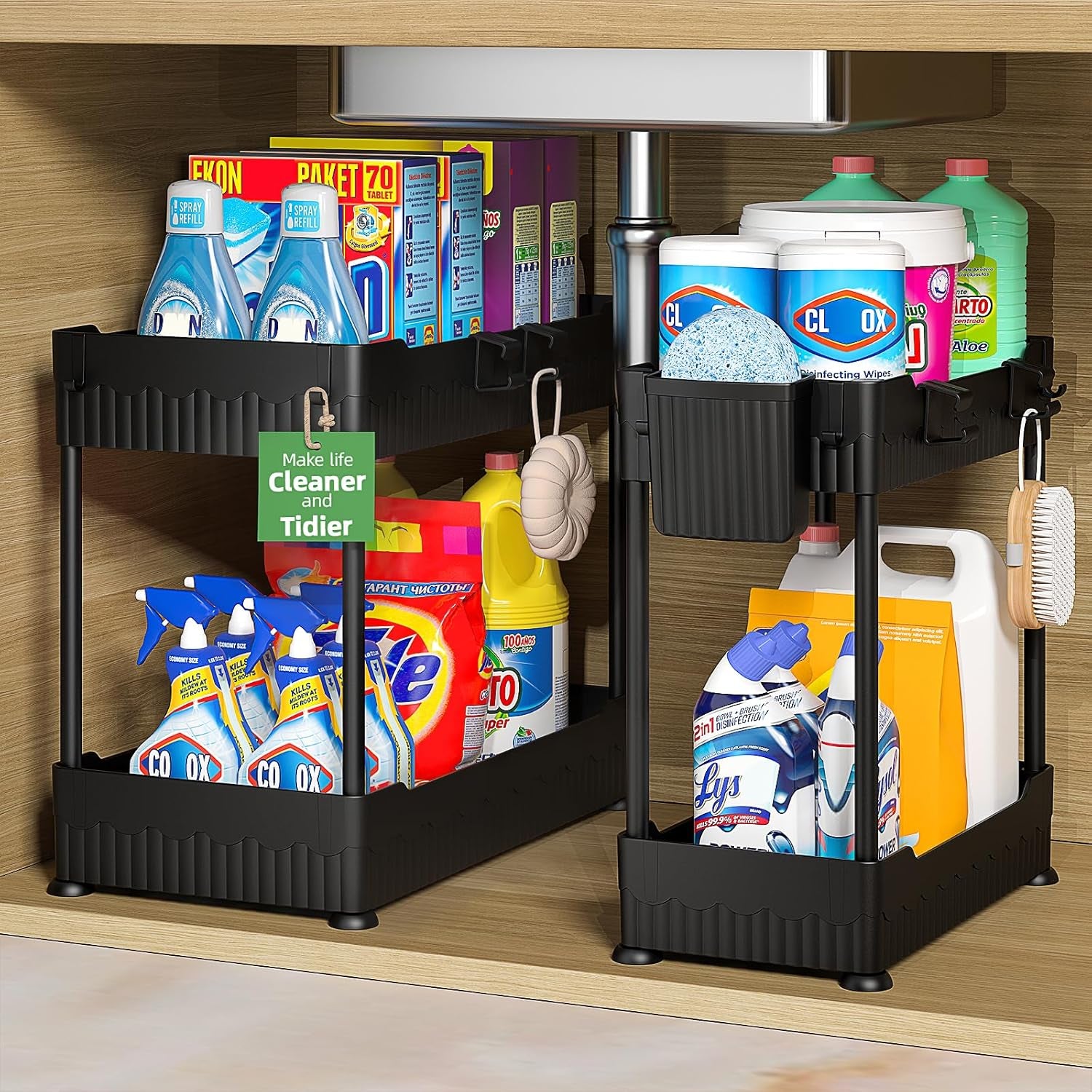 Under-sink organizer drawers pulled out showing full storage capacity — At Home For You