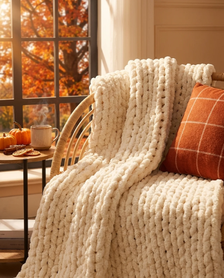 A chunky knit cream throw blanket draped over a wicker chair next to an orange plaid pillow, with a window showing an autumn outdoor scene in the background.