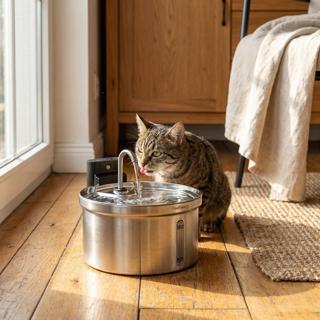 Brushed stainless steel pet water fountain in modern kitchen with cat drinking — At Home For You