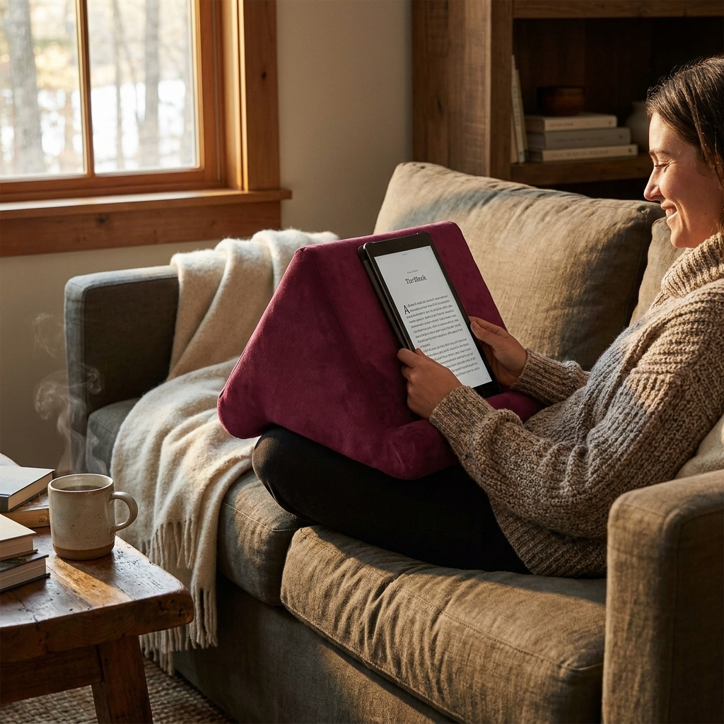 Plush tablet pillow holder on linen couch with tablet — At Home For You