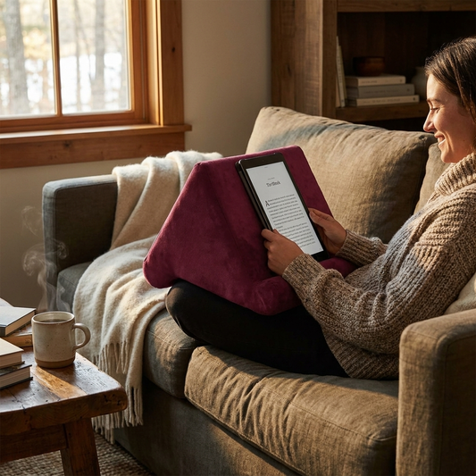 Plush tablet pillow holder on linen couch with tablet — At Home For You