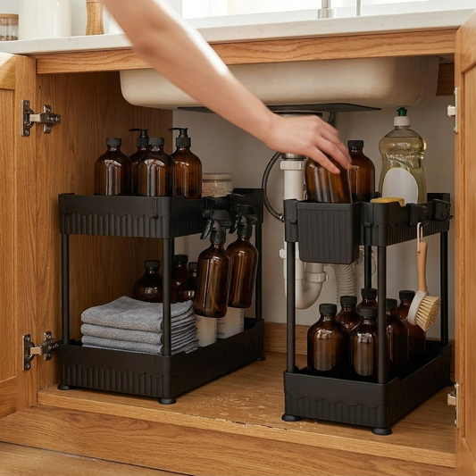 Black 2-pack under-sink organizer set with hidden hooks in cabinet — At Home For You