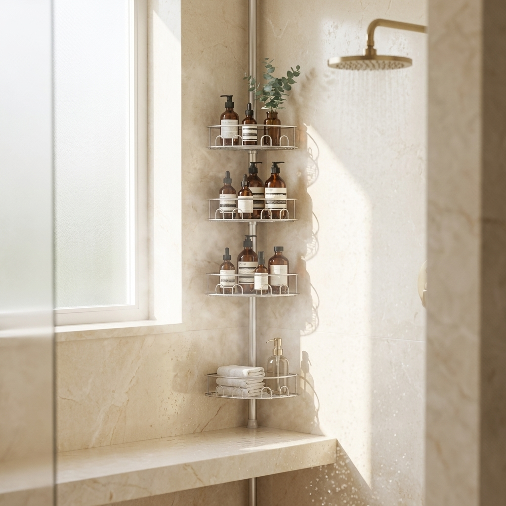 Silver 4-tier shower caddy in luxury marble spa shower with amber apothecary bottles — At Home For You