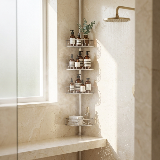 Silver 4-tier shower caddy in luxury marble spa shower with amber apothecary bottles — At Home For You