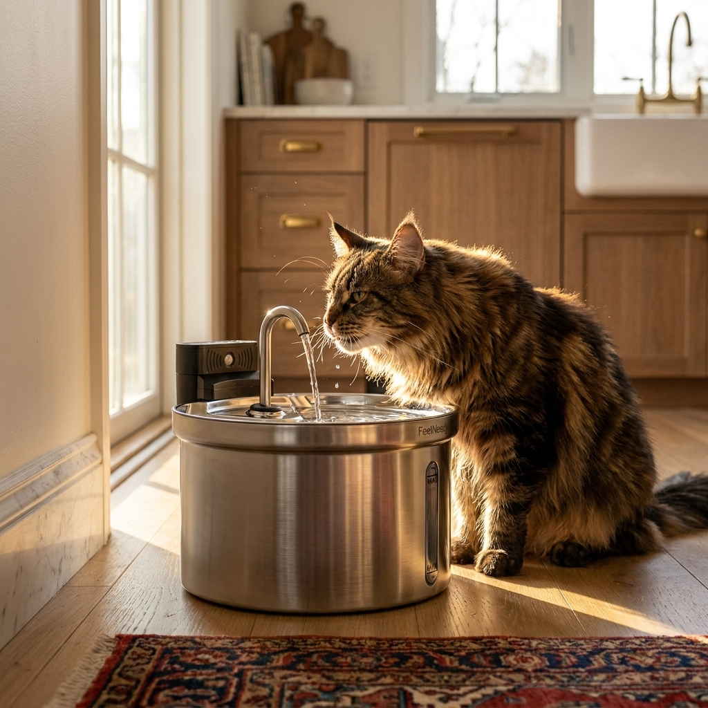 Brushed stainless pet water fountain in luxury designer kitchen with Maine Coon cat drinking — At Home For You