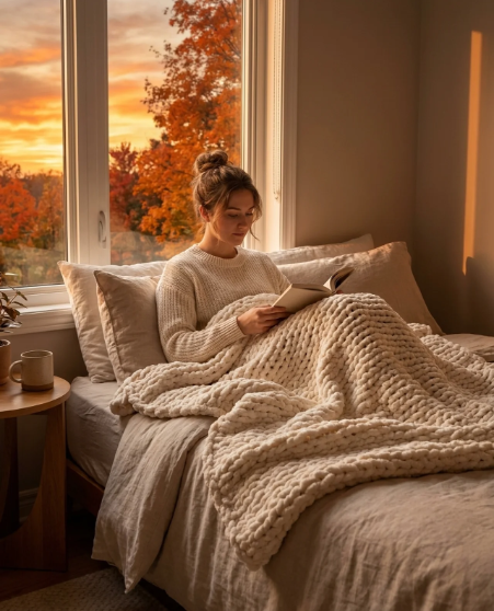 A cozy bedroom scene with a woman lying in bed under a chunky knit cream blanket, reading a book by a window at sunset. The room has warm neutral tones, and the window view shows autumn trees.