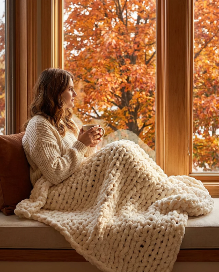 A woman sits on a window seat by a large window, wrapped in a chunky cream knit blanket and holding a mug, with warm autumn trees visible outside.